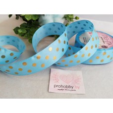 Лента репсовая 25 мм с тиснением "Горох", золото на голубом №184